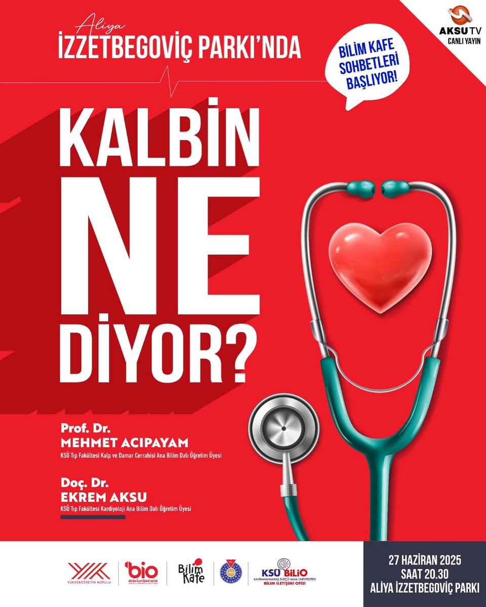 Bilim Kafe Sohbetleri Başlıyor! 📷
Kalbim Ne Diyor? 📷
📷Prof. Dr. Mehmet Acıpayam
📷Doç. Dr. Ekrem Aksu
📷27 Haziran 2025
📷20.30
📷Aliya İzzetbegoviç Parkı