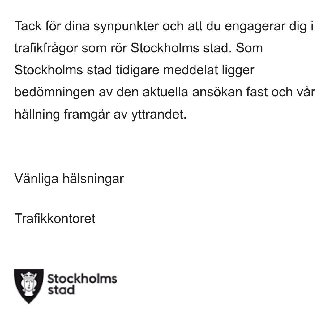 Breaking! 

Stockholm City responded to our open letter!

Their stance is still no. They will NOT allow Tesla to test FSD in the city. 

What happens now?

The path they have chosen is the path of pain. Now, we will work in the coming election to have them replaced. 

I have