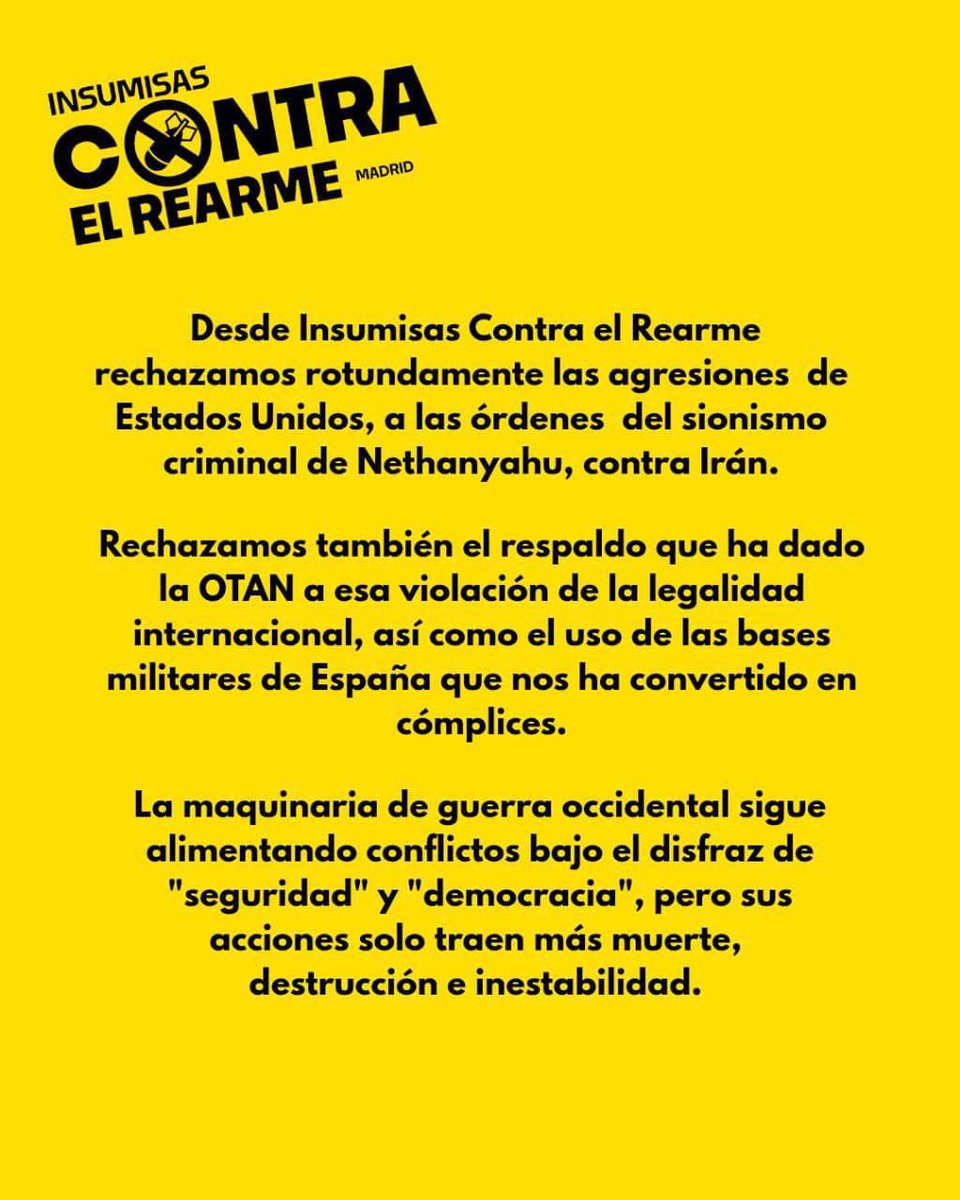 Podemos Usera (@podemosusera) on Twitter photo 📢Hoy salimos a la calle contra la guerra, el genocidio y el aumento del gasto militar.
❌𝙉𝙊 𝙖 𝙡𝙖 𝙊𝙏𝘼𝙉 
⏰20h | Ministerio de Exteriores
✊ ¡Nos vemos en la plaza!
#NoALaOTAN #NoAlRearme #MadridAntimilitarista 📢Hoy salimos a la calle contra la guerra, el genocidio y el aumento del gasto militar.
❌𝙉𝙊 𝙖 𝙡𝙖 𝙊𝙏𝘼𝙉 
⏰20h | Ministerio de Exteriores
✊ ¡Nos vemos en la plaza!
#NoALaOTAN #NoAlRearme #MadridAntimilitarista