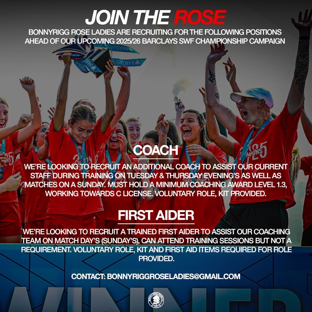 𝐉𝐨𝐢𝐧 𝐭𝐡𝐞 𝐑𝐨𝐬𝐞🌹

Bonnyrigg Rose Ladies are looking to recruit an additional coach and a first aider to support the existing coaching team ahead of the new 2025/26 season

📨 Email us at bonnyriggroseladies@gmail.com to apply