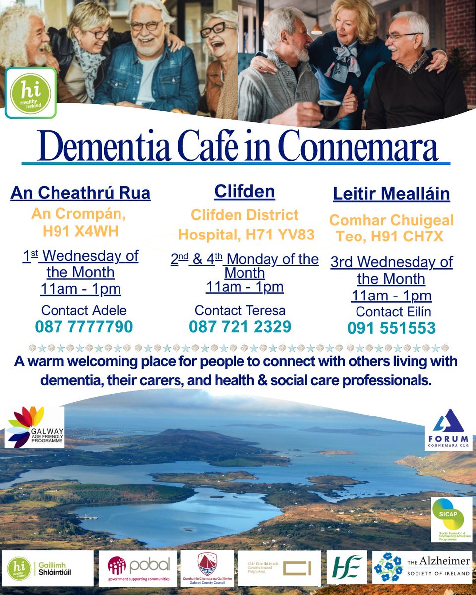 WestBeWell1's tweet photo. @HealthyGalwayCo  in partnership with the Alzheimers Society of Ireland is delighted to be facilitatimmg two Dementia Cafés and one social club in Connemara - at Carraroe, Clifden, and Lettermullen.
Find out more via the link below: https://t.co/lqMoxuttFl https://t.co/V0jGu5SJJv