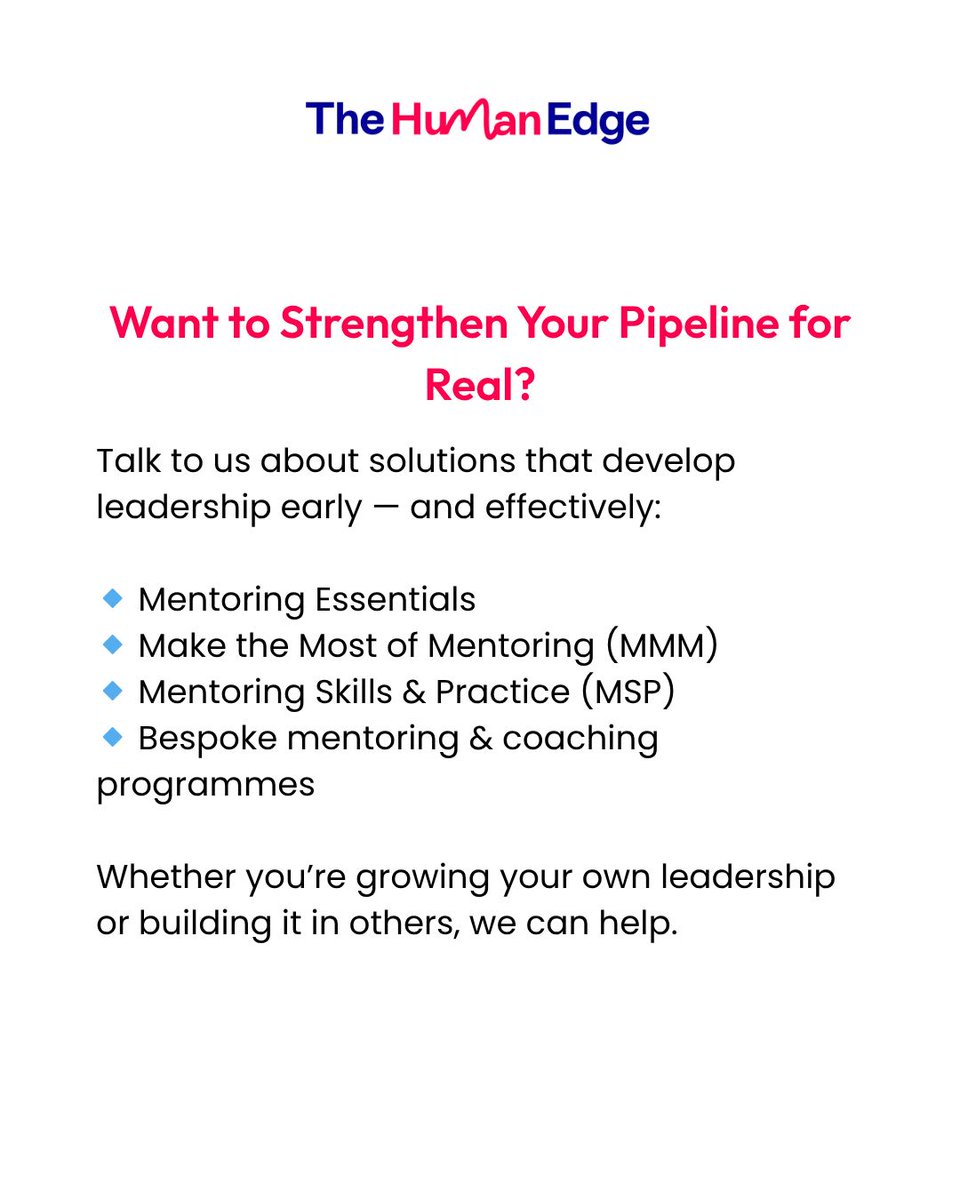 Most leadership pipelines break because we reward performance, not reflection.
Mentoring helps people grow into leadership — not just get promoted into it.
📣 Talk to us:  buff.ly/f5RGrhB 

#LeadershipDevelopment #MentoringMatters #EarlyCareerSupport #SelfAwareness