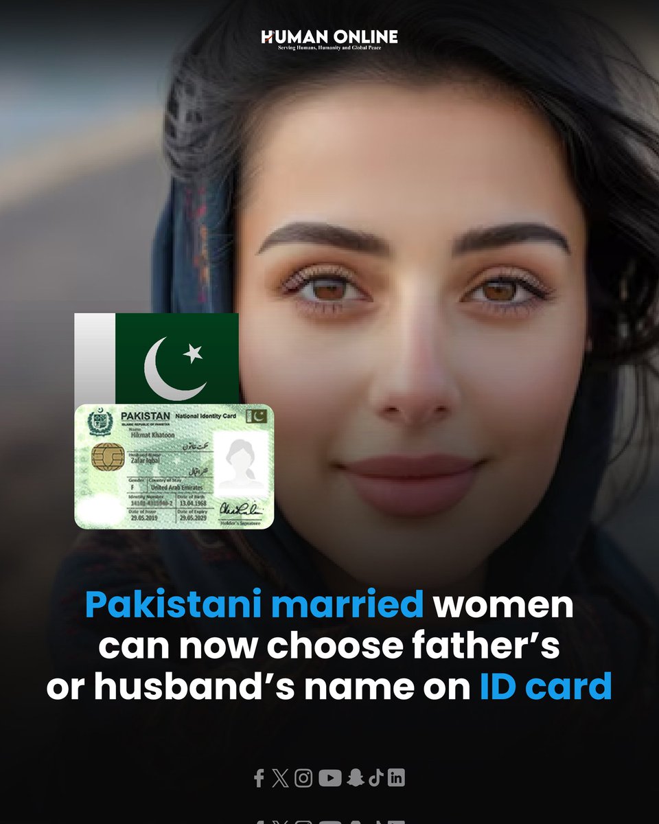 HumanOnlineNews's tweet photo. A powerful step toward choice and identity!
Now, married women can decide whether to show their father’s or husband’s name on their CNIC.
Because identity should always be your choice.
#WomenEmpowerment #NADRAReforms #HumanOnline https://t.co/0BaeQg9kDI
