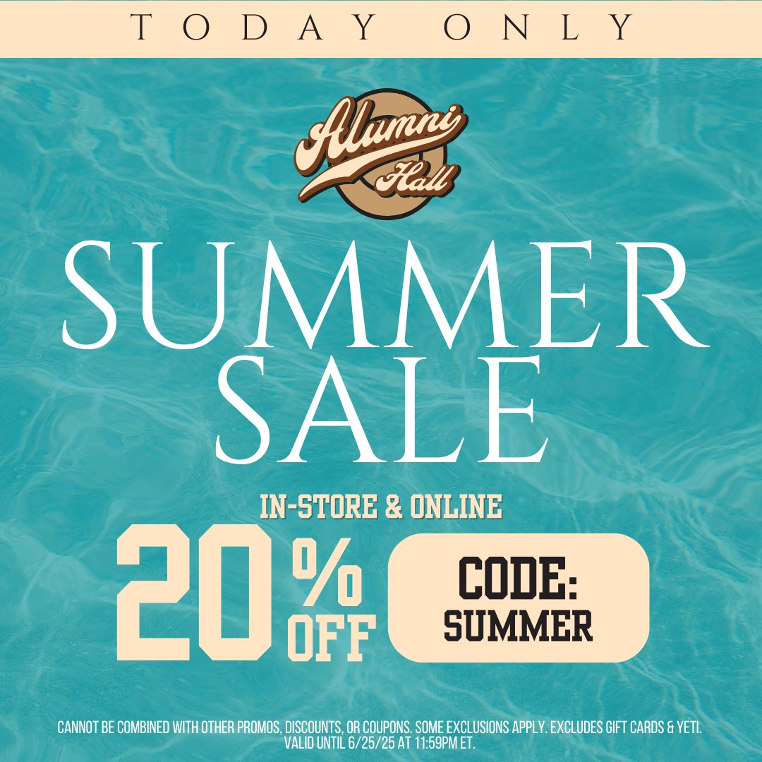 Sun's out, savings are ON ☀️🌊 Shop our 20% Off Summer Sale today ONLY!
alumnihall.com
