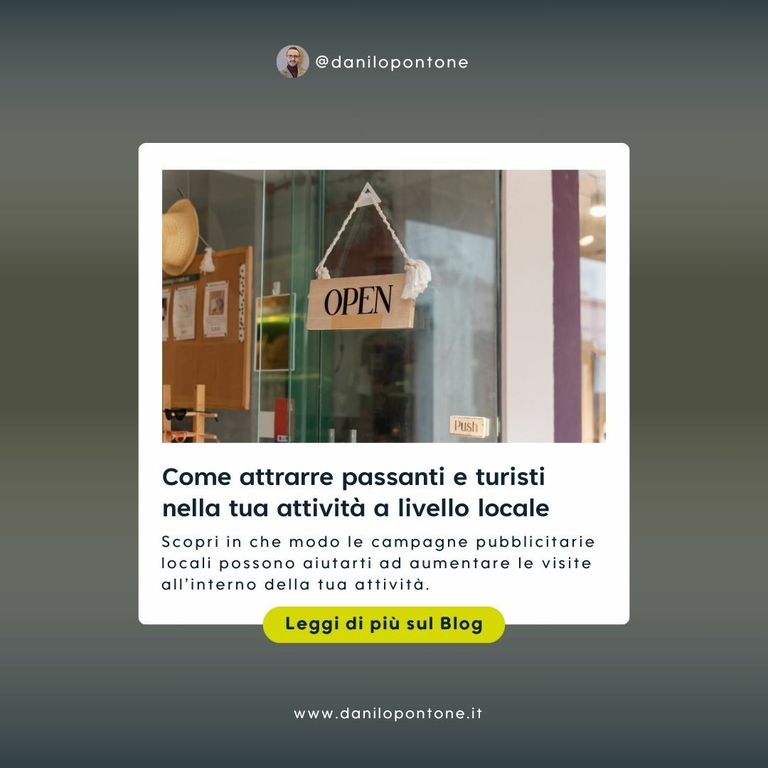 danilopontone's tweet photo. Sai come attrarre passanti e turisti nella tua attività a livello locale?

In questa mini guida ti spiego come utilizzare le campagne pubblicitarie locali per farlo.

Lo trovi qui 👉 https://t.co/Y32xgpSfFi

#marketingperhotel #danilopontone #hospitalitymarketing https://t.co/WXBh7KieyU