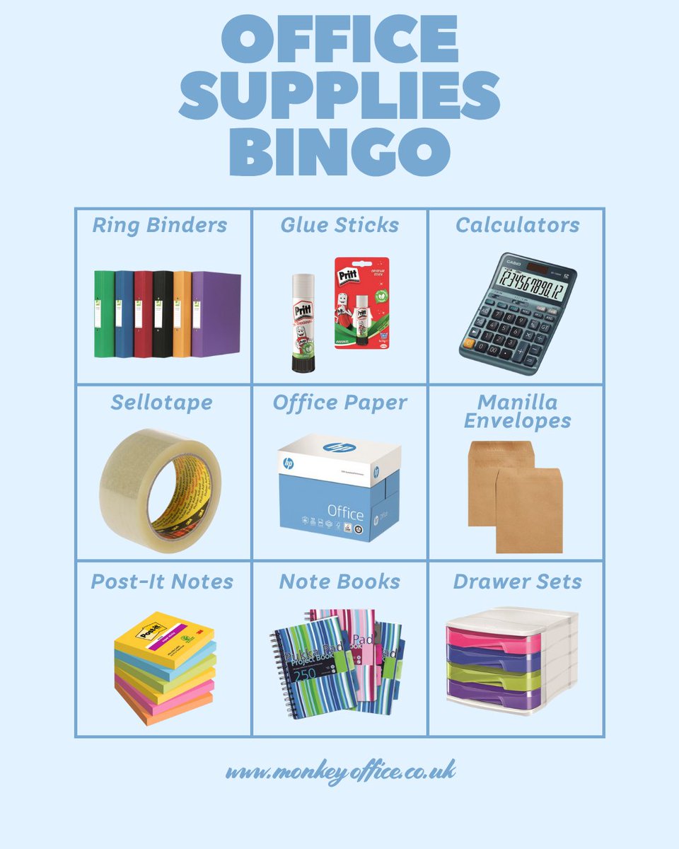 Come play office bingo with our team! Mark how many essential office supplies you can see in your office, and let us know! 

Shop what you are missing from monkeyoffice.co.uk