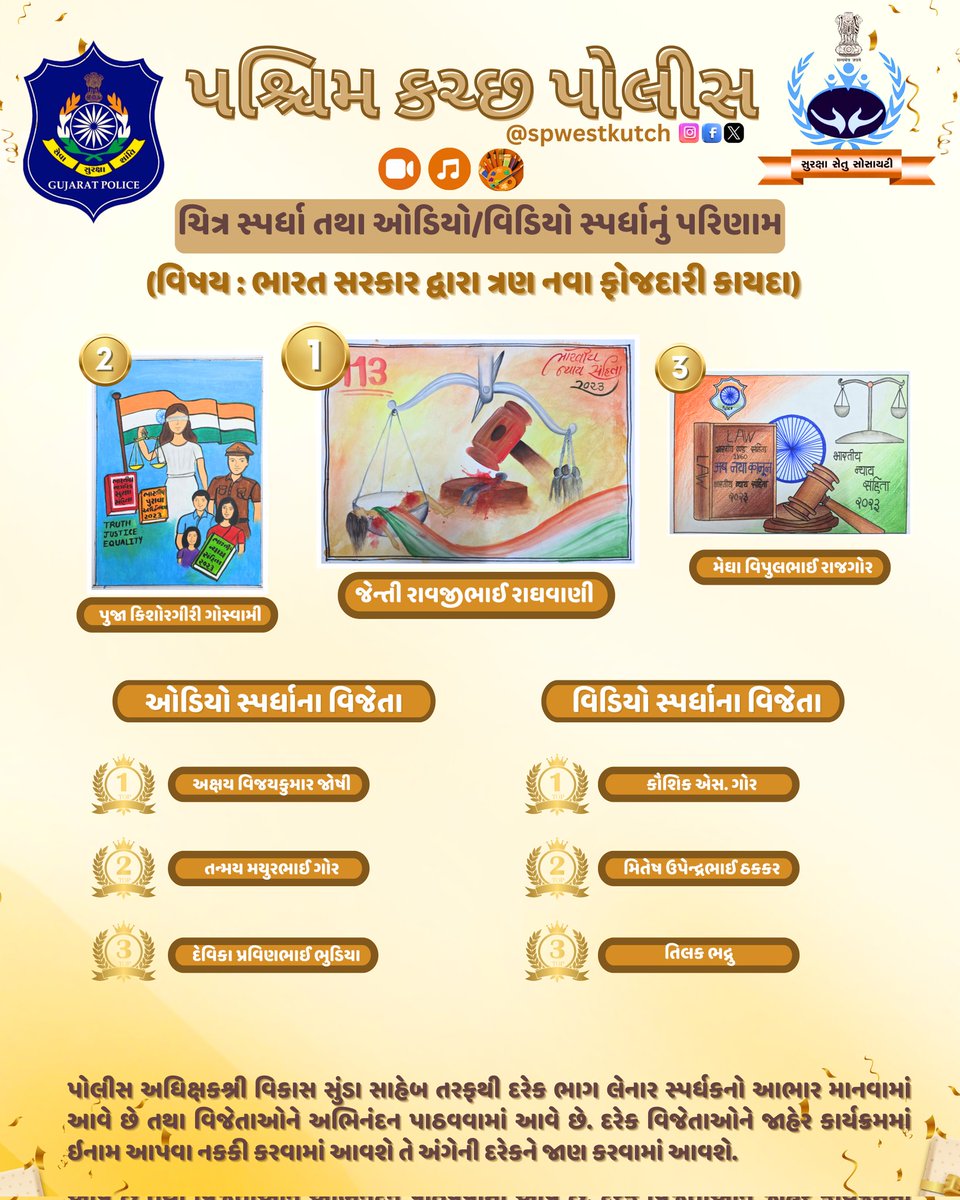 SPWestKutch's tweet photo. ચિત્ર સ્પર્ધા તથા ઓડિયો/વિડિયો સ્પર્ધાનું પરિણામ.

@sanghaviharsh @CMOGuj @dgpgujarat @IGP_BorderRange @GujaratPolice https://t.co/NEusiPQjOh