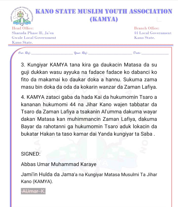 Abbasumar34's tweet photo. As salamu alaaikum Yan'uwa da Fatan kowa Yana lapiya

Kano state Muslims youth association KAMYA.

Tana kira ga gamnatin jahar kano da Jami an tsaro na jahar kano da Iyayan Yara maza da Mata da sauran kungiyoyi da Muke dasu acikin wannan Gari namu Mai albarka akan wannan fadace https://t.co/2jXufknows
