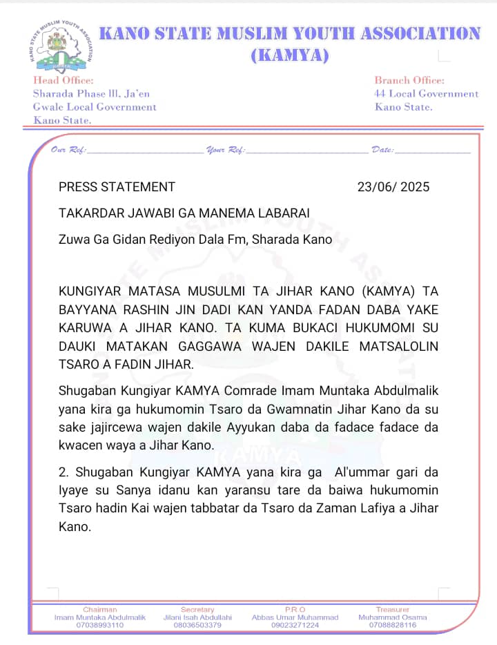 Abbasumar34's tweet photo. As salamu alaaikum Yan'uwa da Fatan kowa Yana lapiya

Kano state Muslims youth association KAMYA.

Tana kira ga gamnatin jahar kano da Jami an tsaro na jahar kano da Iyayan Yara maza da Mata da sauran kungiyoyi da Muke dasu acikin wannan Gari namu Mai albarka akan wannan fadace https://t.co/2jXufknows