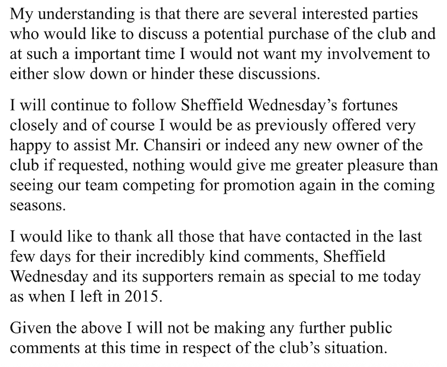 Rob Staton (@robstaton) on Twitter photo In a statement to <a href="/BBCSheffield/">BBC Sheffield</a>, Milan Mandaric reveals he will no longer be pursuing ways to return to Sheffield Wednesday.
"My understanding is that there are several interested parties who would like to discuss a potential purchase of the club and at such an important time I In a statement to <a href="/BBCSheffield/">BBC Sheffield</a>, Milan Mandaric reveals he will no longer be pursuing ways to return to Sheffield Wednesday.
"My understanding is that there are several interested parties who would like to discuss a potential purchase of the club and at such an important time I
