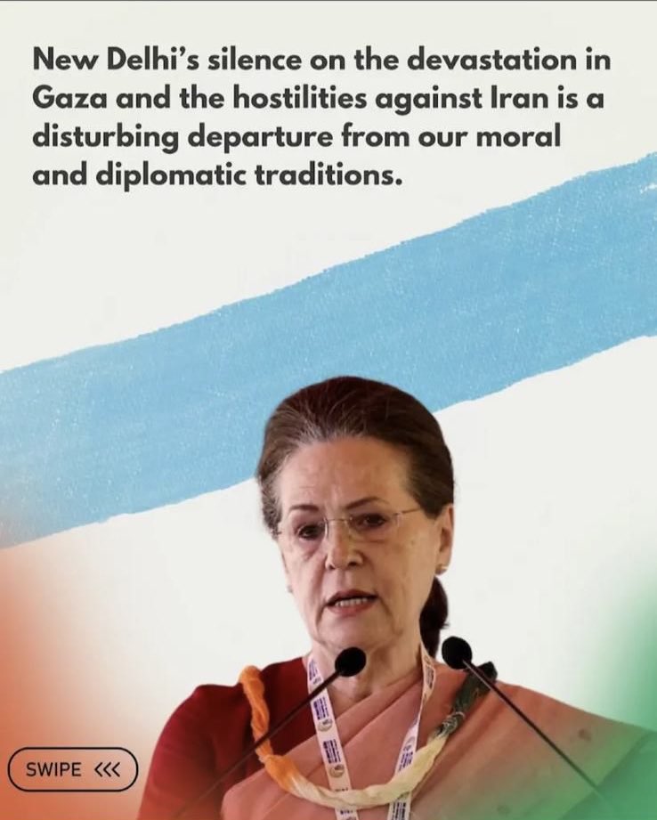 Mrs. Sonia Gandhi criticised the silence on Indian Government on hostilities against Iran and genocide in Gaza.
#GazaGenocide 
#CriminalSilenceOnIran