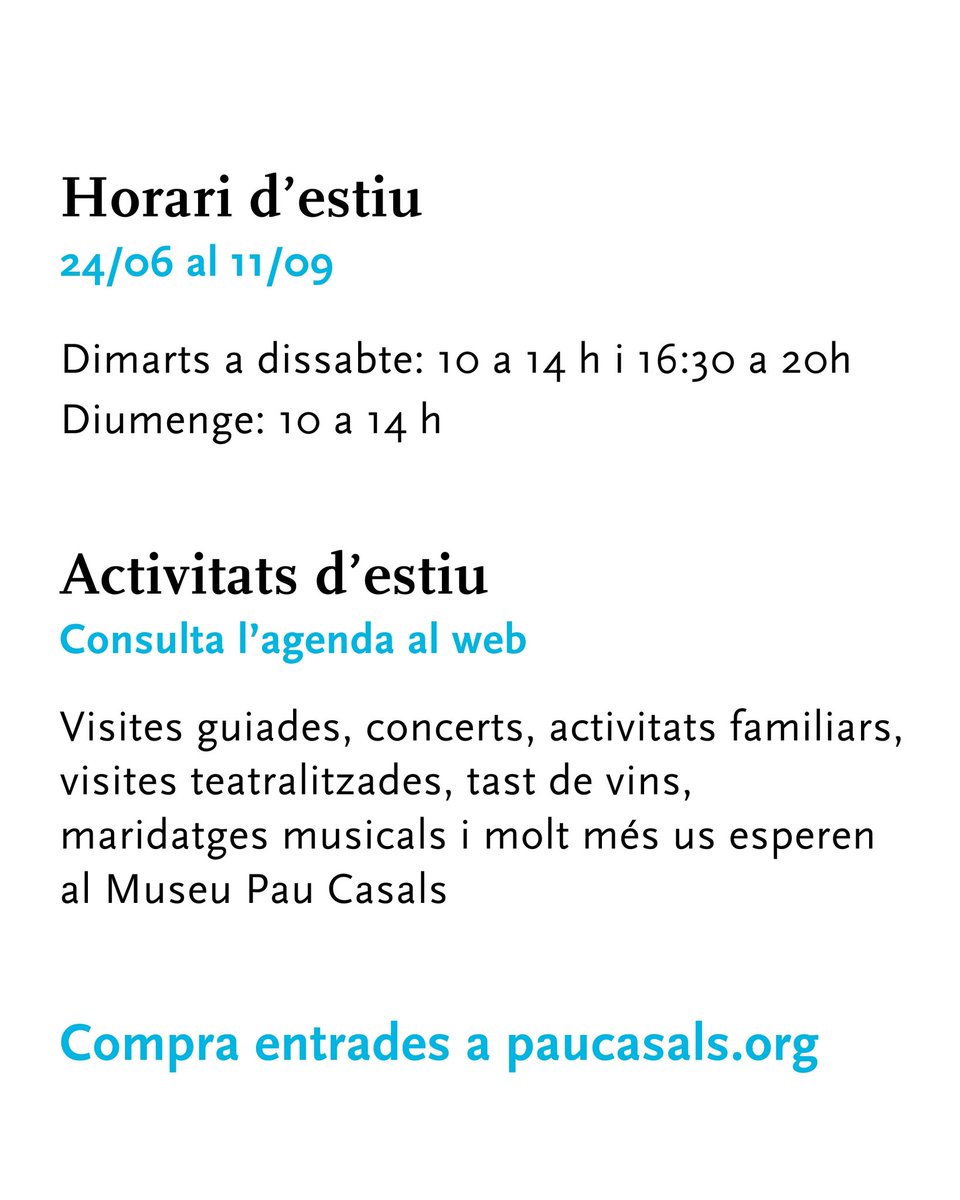 ☀️ Comença l'horari d'estiu al Museu Pau Casals!
A partir d'avui us esperem:
• Dimarts a dissabte: 10 a 14h i 16:30 a 20h
• Diumenge: 10 a 14h
I ben aviat publicarem tota la programació de les activitats d'estiu. Tota la info a paucasals.org/museu/visita/