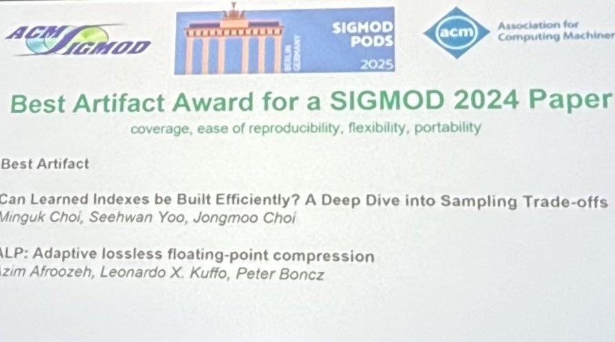 And.. Azim Afroozeh put a lot of effort in open-sourcing the ALP floating point compressor (github.com/cwida/ALP).  Leonardo Kuffo had written with him the SIGMOD2024 paper which now won a reproducibility award!

+ 🙏🙏 to the reproducibility committee - this is a ton of work