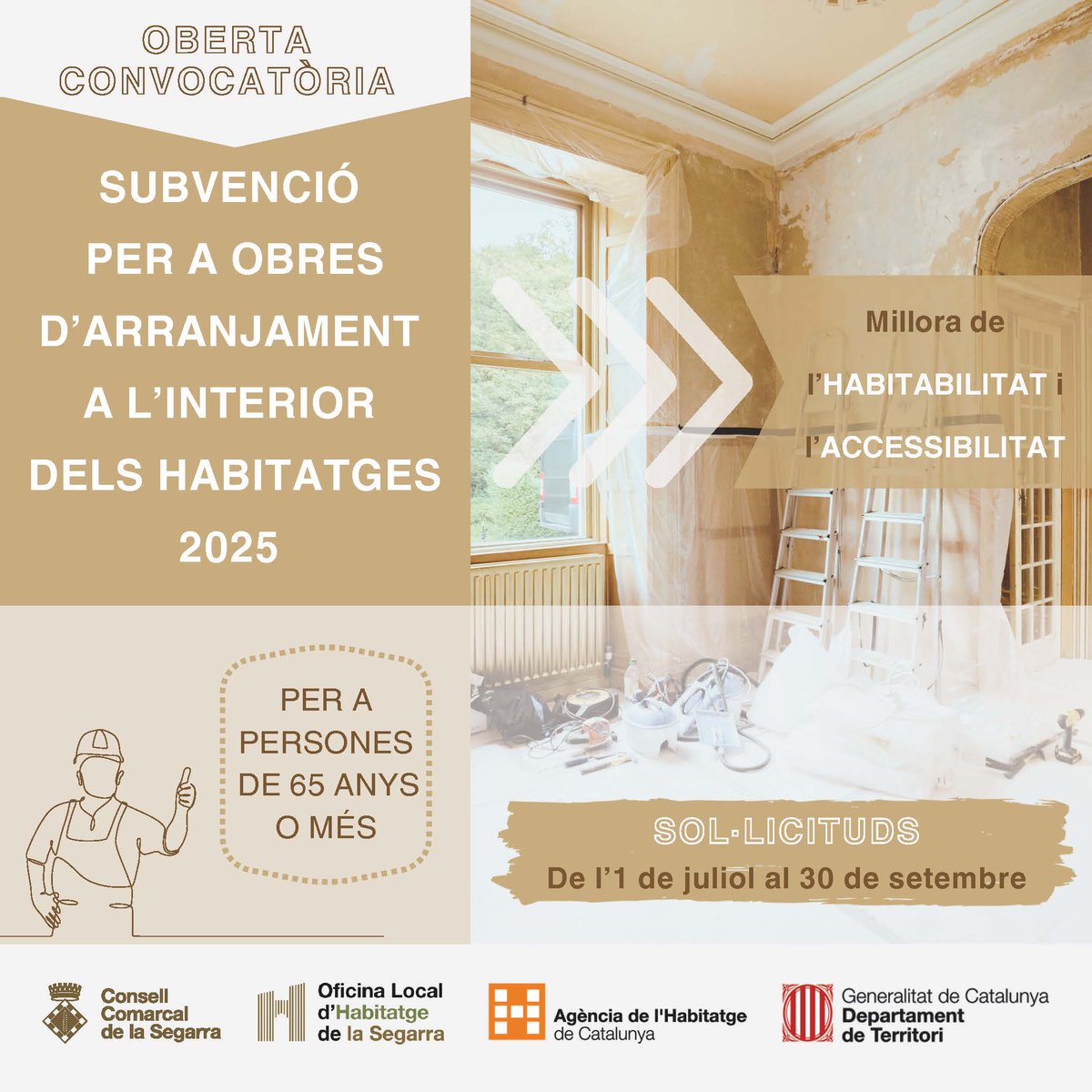 ccsegarra's tweet image. ‼️ 1 de juliol s’obrirà la convocatòria per a les subvencions per a obres d’arranjament a l’interior dels habitatges 

👉 Qualsevol dubte us podeu posar en contacte amb l’Oficina Local d’Habitatge amb cita prèvia
☎️ 973 531 300 🔗habitatge@ccsegarra.cat
📲 habitatge.ccsegarra.cat
