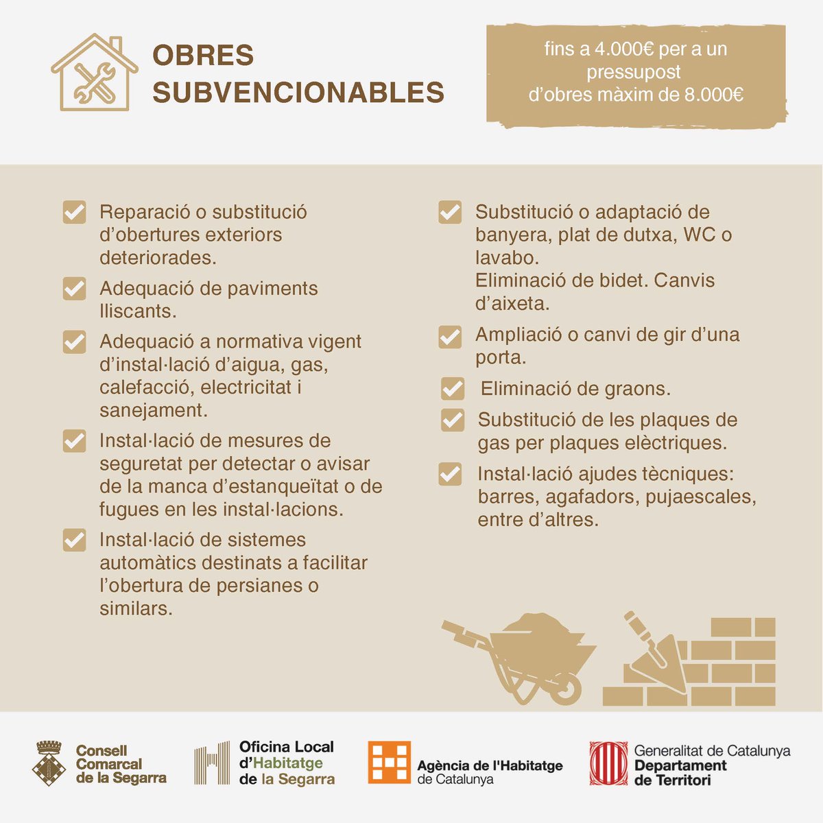ccsegarra's tweet image. ‼️ 1 de juliol s’obrirà la convocatòria per a les subvencions per a obres d’arranjament a l’interior dels habitatges 

👉 Qualsevol dubte us podeu posar en contacte amb l’Oficina Local d’Habitatge amb cita prèvia
☎️ 973 531 300 🔗habitatge@ccsegarra.cat
📲 habitatge.ccsegarra.cat