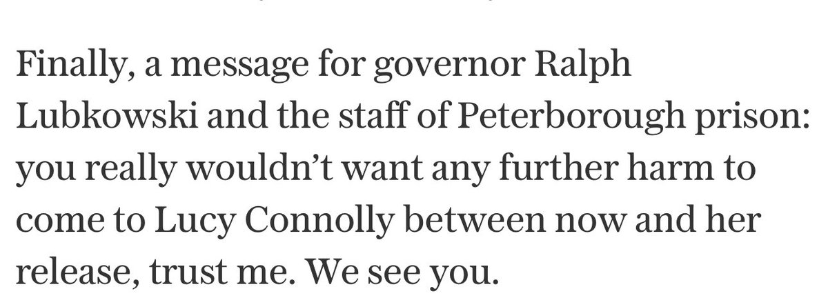 This is the last paragraph of a stunning piece by Allison Pearson in The Telegraph (regrettably behind a paywall) on how Lucy Connolly, wrongly jailed for 31 months for a tweet, had been singled out for harsh and violent treatment. On Starmer’s  orders? Wouldn’t surprise me.