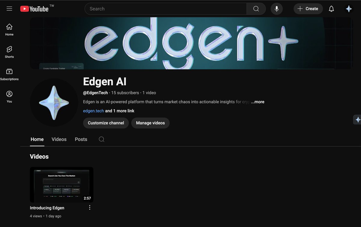 ask_edgen's tweet photo. you've seen the video (feel free to see it again).

but now, here's the real deal: Edgen's YouTube channel is live!

soon full of tips, tutorials, and alpha moves. LFG 👀👇 https://t.co/XvIRilGzwe
