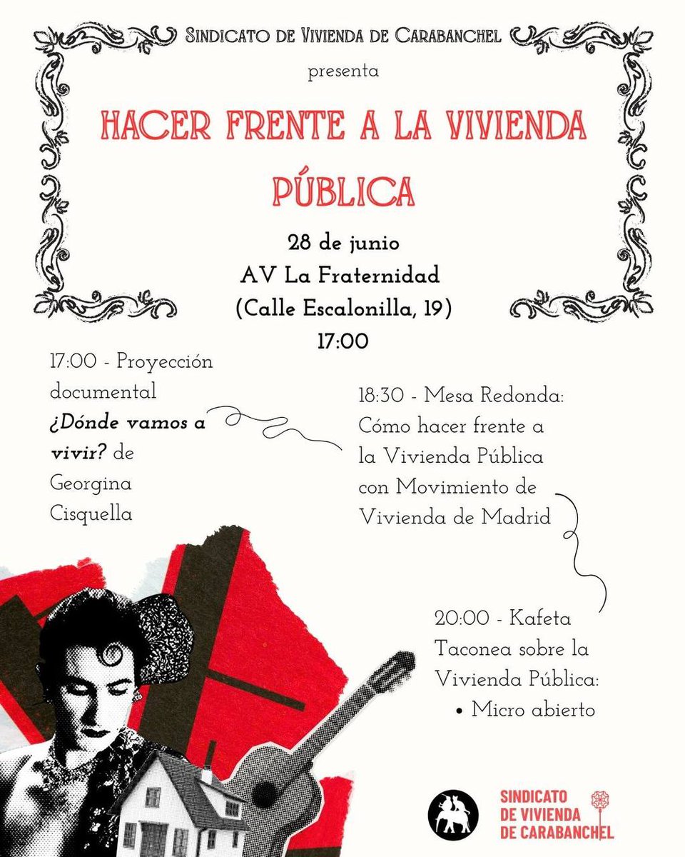 Sindicato Vivienda Carabanchel (@svcarabanchel) on Twitter photo Este Sábado 28 desde el Sindicato de Vivienda de Carabanchel realizaremos en <a href="/AVLaFraternidad/">AV La Fraternidad</a> una kafeta exponiendo nuestra visión crítica sobre la vivienda pública ‼️
Os animamos a todas a venir este Sábado 28 de junio a las 17h en la Frater (Calle escalonilla, 19) Este Sábado 28 desde el Sindicato de Vivienda de Carabanchel realizaremos en <a href="/AVLaFraternidad/">AV La Fraternidad</a> una kafeta exponiendo nuestra visión crítica sobre la vivienda pública ‼️
Os animamos a todas a venir este Sábado 28 de junio a las 17h en la Frater (Calle escalonilla, 19)