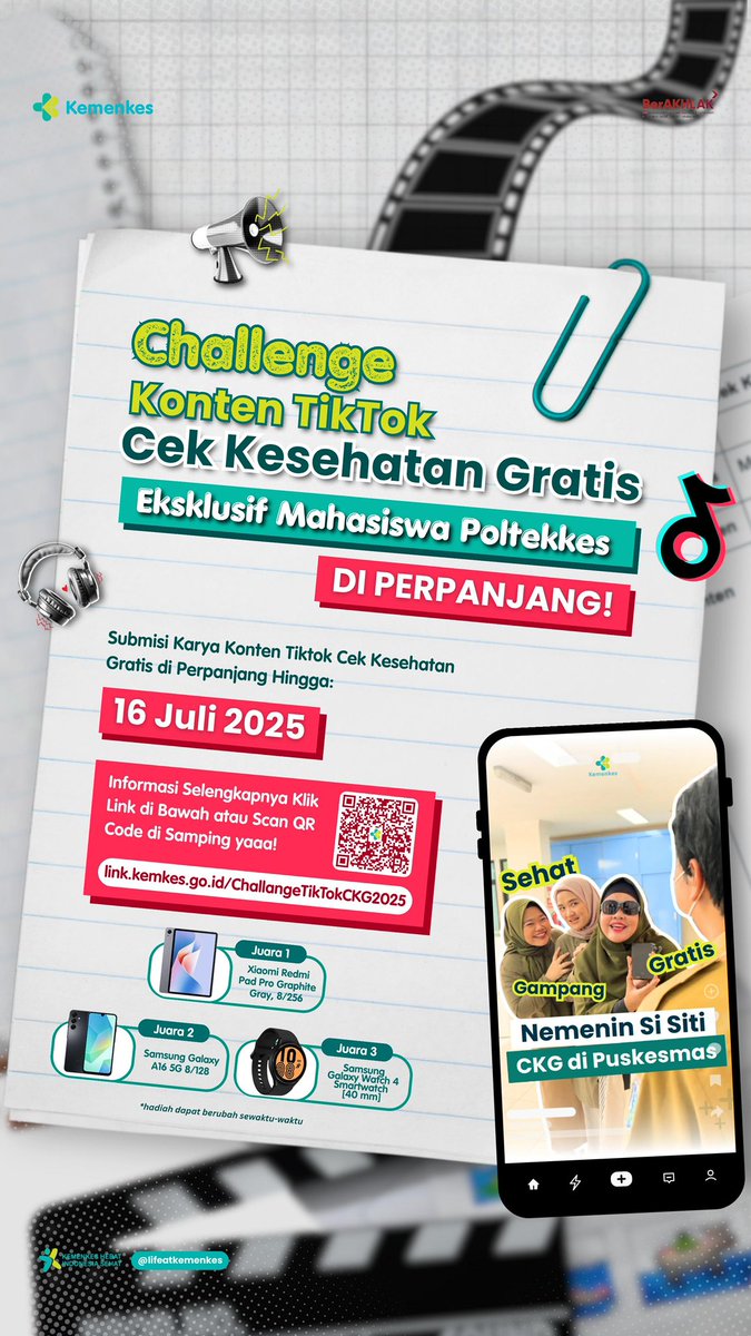Kementerian Kesehatan RI (@kemenkesri) on Twitter photo 🎬 CHALLENGE VIDEO KONTEN TIKTOK DIPERPANJANG!💥
Kabar baik buat kamu, Mahasiswa Poltekkes! 🎉 CKG Content Challenge dari <a href="/KemenkesRI/">Kementerian Kesehatan RI</a> resmi diperpanjang sampai 16 Juli 2025! 🎬 CHALLENGE VIDEO KONTEN TIKTOK DIPERPANJANG!💥
Kabar baik buat kamu, Mahasiswa Poltekkes! 🎉 CKG Content Challenge dari <a href="/KemenkesRI/">Kementerian Kesehatan RI</a> resmi diperpanjang sampai 16 Juli 2025!