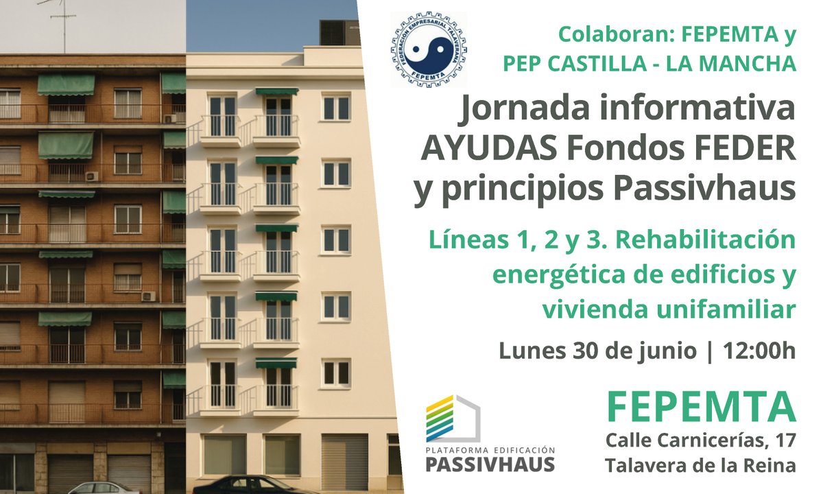 Plataforma Passivhaus (PEP) (@plataformapep) on Twitter photo SAVE the DATE! 🗓️ El próximo 30 de junio, la delegación de #CastillaLaMancha de <a href="/PlataformaPEP/">Plataforma Passivhaus (PEP)</a> y <a href="/TalaveraAyto/">Ayto Talavera</a> organizan otra jornada informativa sobre ayudas a la rehabilitación energética FEDER 🇪🇺, para mejorar viviendas y edificios.
¡Inscríbete! ➡️ plataforma-pep.org/events/jornada… SAVE the DATE! 🗓️ El próximo 30 de junio, la delegación de #CastillaLaMancha de <a href="/PlataformaPEP/">Plataforma Passivhaus (PEP)</a> y <a href="/TalaveraAyto/">Ayto Talavera</a> organizan otra jornada informativa sobre ayudas a la rehabilitación energética FEDER 🇪🇺, para mejorar viviendas y edificios.
¡Inscríbete! ➡️ plataforma-pep.org/events/jornada…