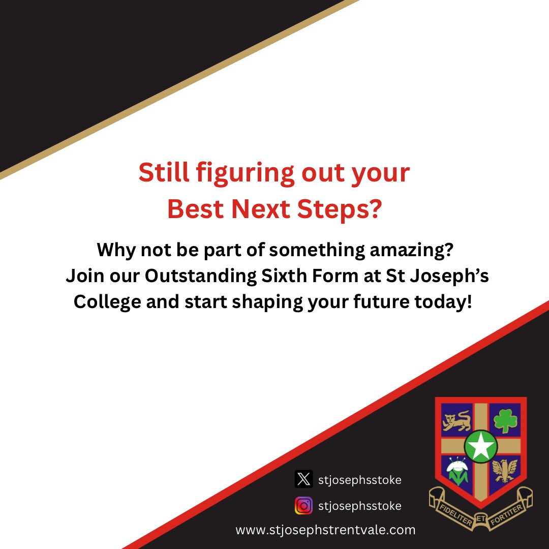 Applications for September 2025 are still open — but don’t wait too long!

👉 Find out more on our website stjosephstrentvale.com/admissions/ apply now using this link: stjosephstrentvale.applicaa.com/year12