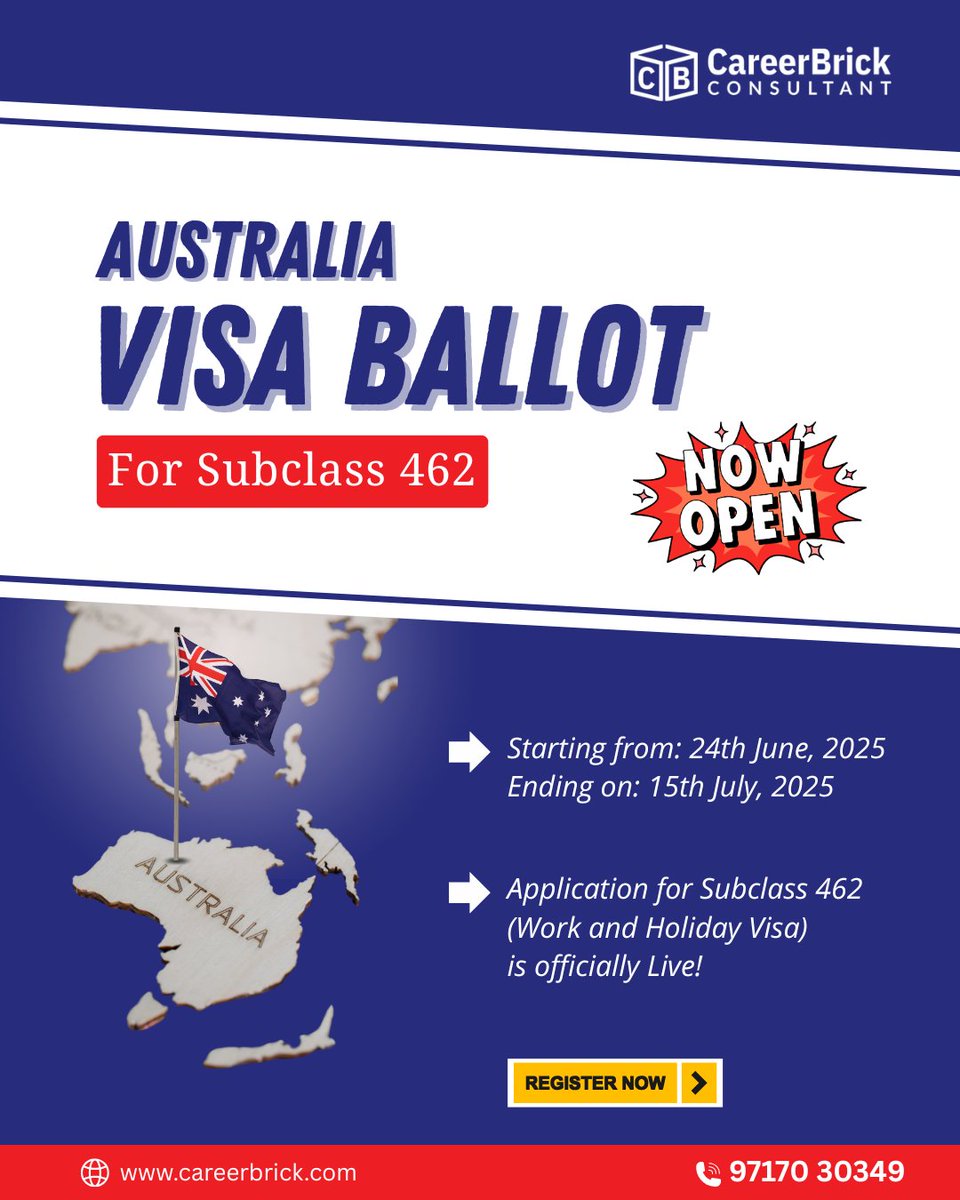 career_brick's tweet photo. π Australia Visa Ballot for Subclass 462 (Work & Holiday Visa) is NOW OPEN!
ποΈ Application window: 24th June β 15th July, 2025
π²Contact: 97170 30349
#workandholidayvisa #australiavisa2025 #subclass462 #studyandworkinaustralia #visaballotopen #workabroad2025 https://t.co/gQdKsGAFXa