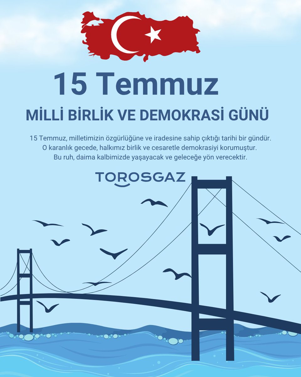 🇹🇷 15 Temmuz - Milli Birlik ve Demokrasi Günü
Bir milletin kaderini değiştiren o geceyi unutmuyoruz.
🕊️ Şehitlerimizi rahmetle anıyor, gazilerimize minnet duyuyoruz.
#15Temmuz #MilliBirlikVeDemokrasiGünü #UnutmadıkUnutmayacağız
#torosgaz #BirlikBeraberlikDemokrasi