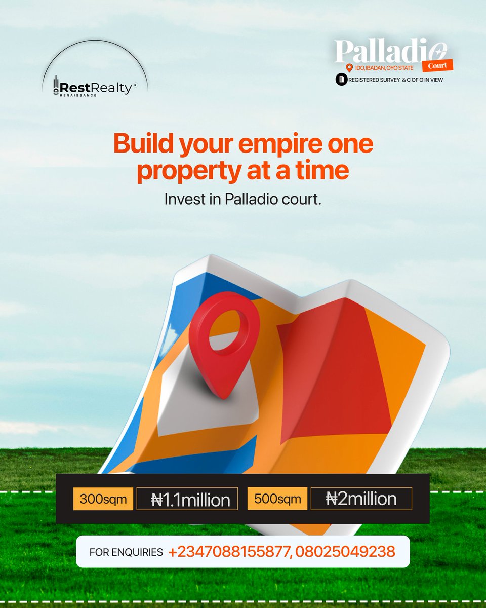 Every great empire started with a single piece of land.

The cities you admire…
The estates you visit…
The wealth you aspire to build…

They all began with a decision to own land.

Now it’s your turn.
#palladiocort #land #landinibadan #investment #restishere #restrealty