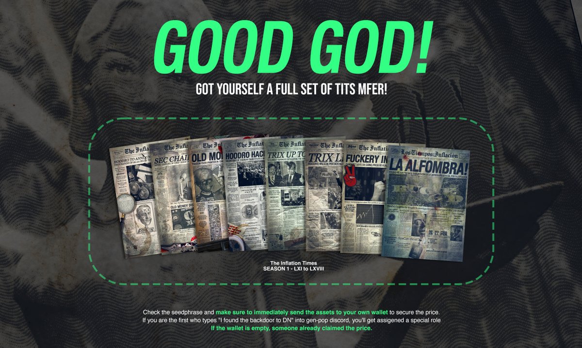 VAULT 2 has officially been busted open !

one of our youngest and recent member <a href="/MFER_CALLME1MO/">mfer. kid</a> won a full-set collection of The Inflation Times !

a big round of applause to him 👏🏽

although this was the suppose to be ‘harder’ than the first seems nothing intimidates you mfers