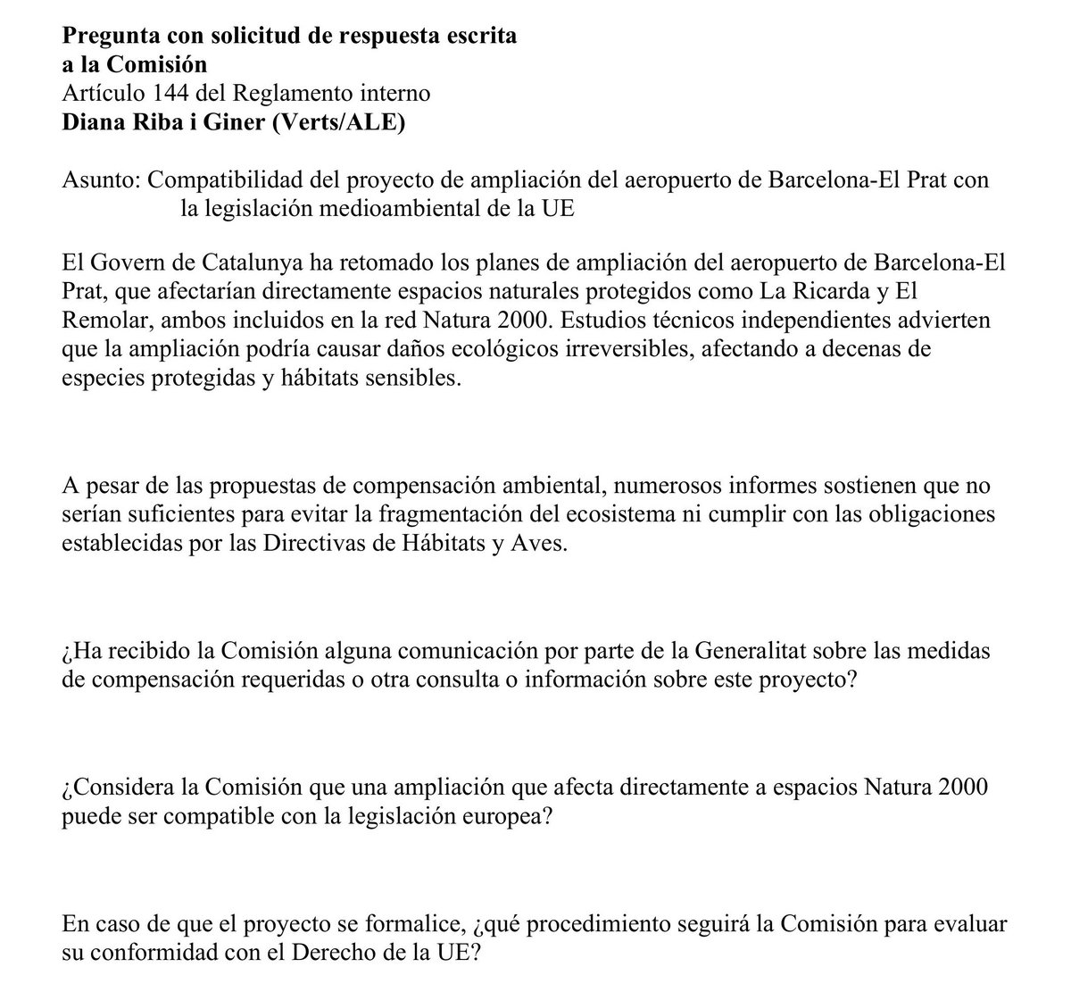 Diana Riba i Giner (@dianaribaginer) on Twitter photo Salvador Illa podria estar vulnerant directives europees amb el projecte d’ampliació d’El Prat.
La Ricarda i El Remolar són espais protegits per la UE, i l’ampliació comportaria danys ecològics irreversibles.
🧵👇Davant aquesta amenaça, <a href="/Esquerra_ERC/">Esquerra Republicana</a> preguntem a la Comissió: Salvador Illa podria estar vulnerant directives europees amb el projecte d’ampliació d’El Prat.
La Ricarda i El Remolar són espais protegits per la UE, i l’ampliació comportaria danys ecològics irreversibles.
🧵👇Davant aquesta amenaça, <a href="/Esquerra_ERC/">Esquerra Republicana</a> preguntem a la Comissió: