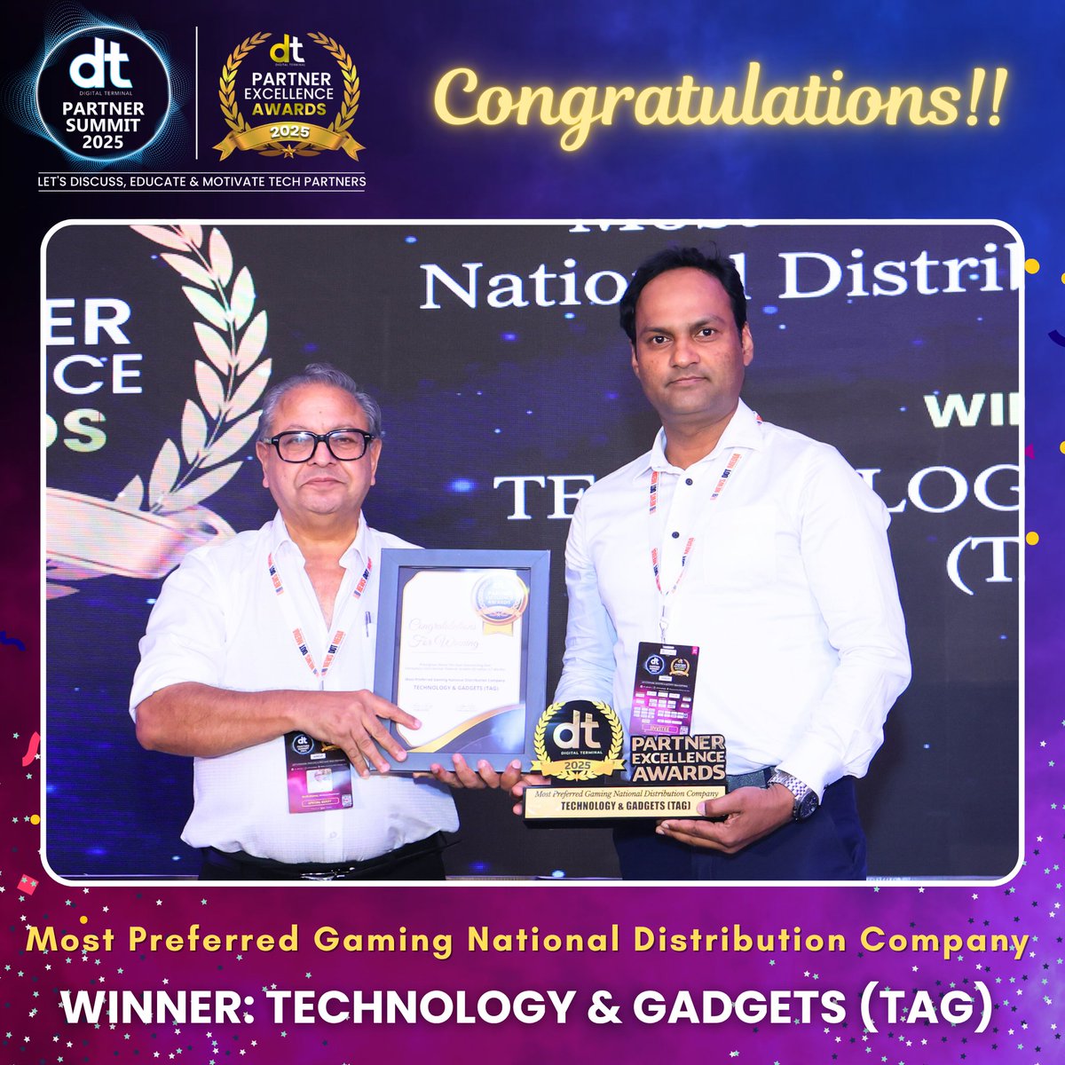 dterminalIN's tweet image. 🎉 Many Congratulations to TECHNOLOGY &amp;amp; GADGETS (TAG) on winning Most Preferred Gaming National Distribution Company Award at the prestigious DT Partner Excellence Awards 2025! 🏆👏

👉 Watch Complete DT Partner Summit 2025:
 youtube.com/live/PdLQm8qok…

#DTPS #DTPS2025