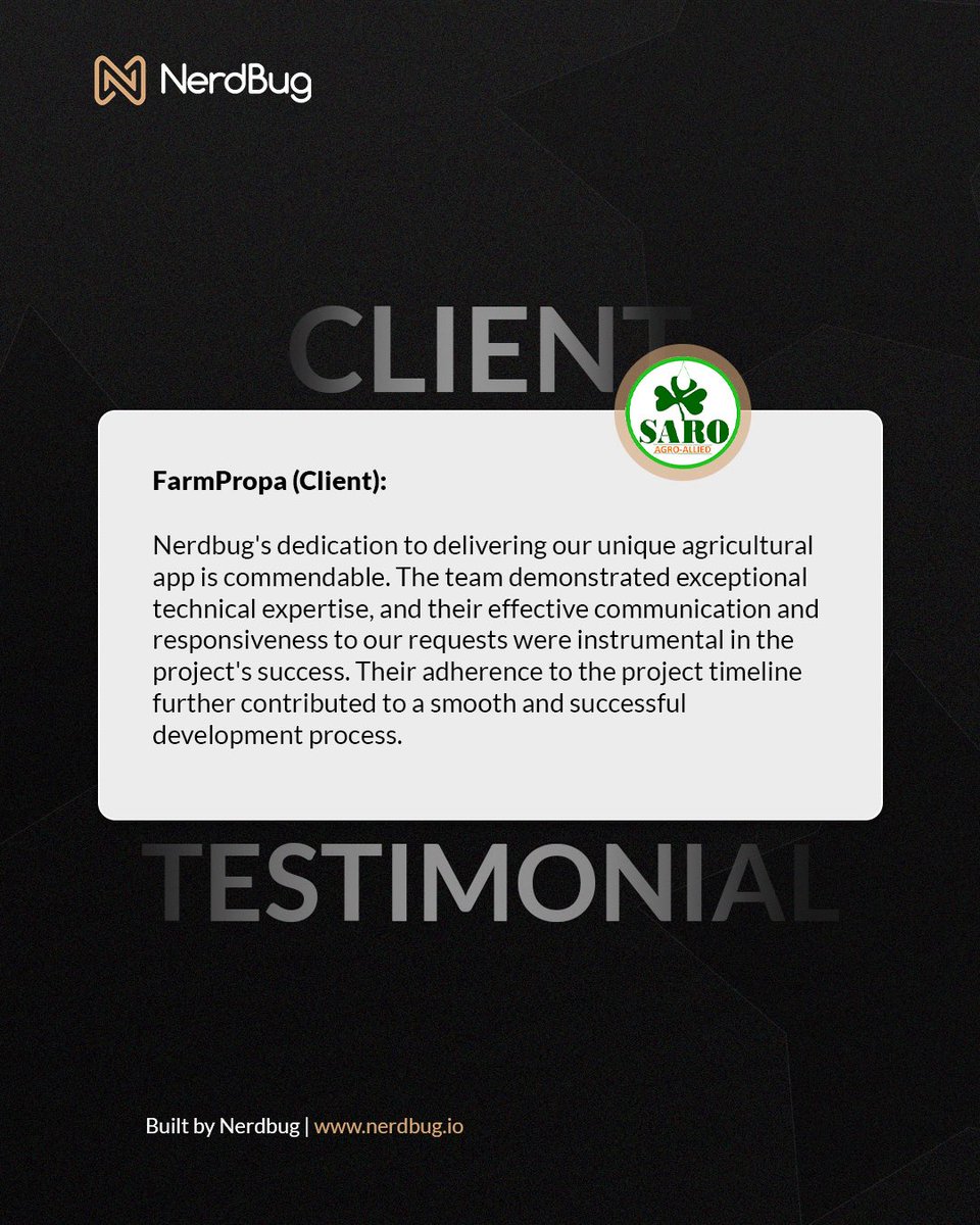 NerdBugHQ's tweet photo. Exceptional technical expertise. Clear communication. Delivered on time.

FarmPropa trusted us with their custom agri-tech app.
We made it make sense.

Built by @NerdBugHQ 
#bugpatrol #clientfeedback #nerdbug https://t.co/sGYXYsgQMg