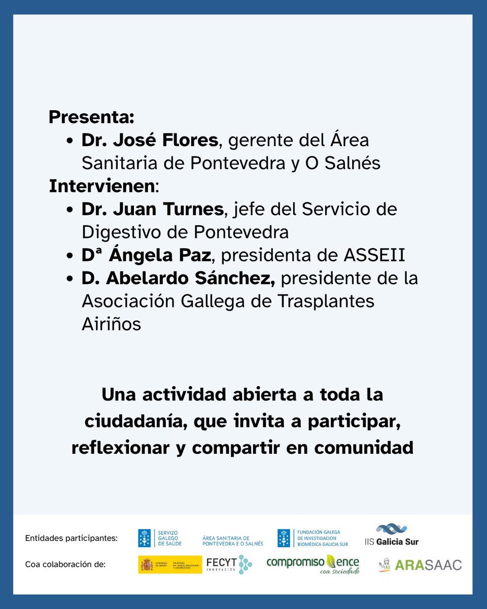 COMTA (@comtasalud) on Twitter photo El jueves 26 a las 12:00 h presentamos a pacientes y población general <a href="/comtasalud/">COMTA</a> en el Salón de Actos del Hospital Montecelo (Pontevedra). ✨
Intervienen:
🔹Dr. José Flores, gerente de <a href="/ponsalsergas/">Área Sanitaria de Pontevedra e O Salnés</a>
🔹 <a href="/jturnesv/">Juan Turnes</a>
🔹 <a href="/Asoc_Airinos/">Airiños</a> <a href="/fneth_org/">FNETH</a>
🔹 <a href="/AsseiiPo/">ASSEII Asociación S.S. Educativa EII y ostomizados</a>
¡Te esperamos! El jueves 26 a las 12:00 h presentamos a pacientes y población general <a href="/comtasalud/">COMTA</a> en el Salón de Actos del Hospital Montecelo (Pontevedra). ✨
Intervienen:
🔹Dr. José Flores, gerente de <a href="/ponsalsergas/">Área Sanitaria de Pontevedra e O Salnés</a>
🔹 <a href="/jturnesv/">Juan Turnes</a>
🔹 <a href="/Asoc_Airinos/">Airiños</a> <a href="/fneth_org/">FNETH</a>
🔹 <a href="/AsseiiPo/">ASSEII Asociación S.S. Educativa EII y ostomizados</a>
¡Te esperamos!