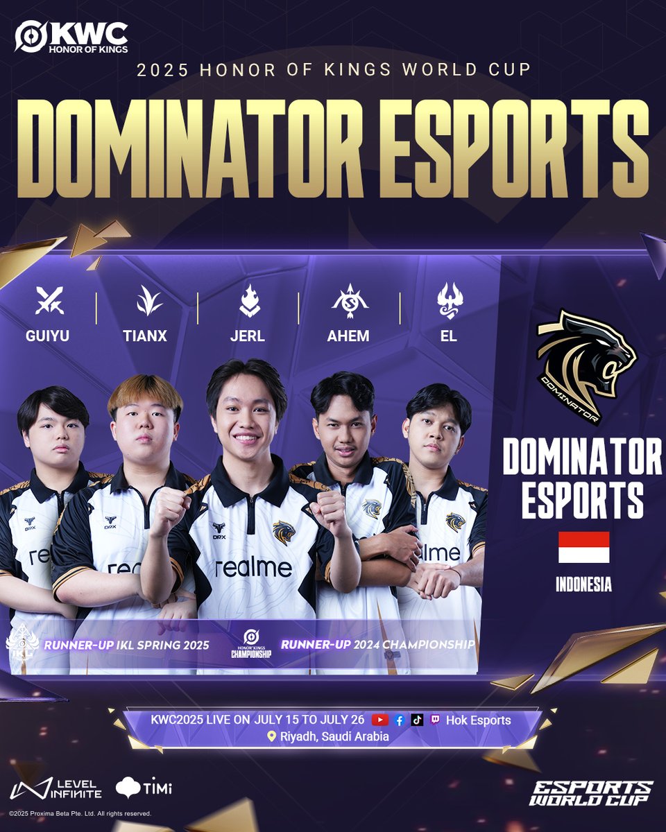 HoK Global Esports (@hokesports) on Twitter photo ๐คDominator Esports is here to dominate! ๐ฎ๐ฉ
Representing Indonesia, this line up is ready to make their mark on the global stage:๐ฅ
๐ Clash Lane: GUIYU
๐ Jungler: TIANX
๐ Mid Lane: JERL
๐ Farm Lane: AHEM
๐ Roamer: EL
๐ Riyadh, Saudi Arabia
๐
#KWC2025 starts from July 15 ๐คDominator Esports is here to dominate! ๐ฎ๐ฉ
Representing Indonesia, this line up is ready to make their mark on the global stage:๐ฅ
๐ Clash Lane: GUIYU
๐ Jungler: TIANX
๐ Mid Lane: JERL
๐ Farm Lane: AHEM
๐ Roamer: EL
๐ Riyadh, Saudi Arabia
๐
#KWC2025 starts from July 15