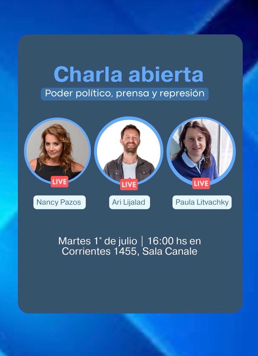 INVITACIÓN: Poder político, prensa y represión. Charla debate abierta.
Martes 1 de Julio, 16 horas. Corrientes 1455, 4to. Piso, Sala “Canale”. CABA. Los esperamos.