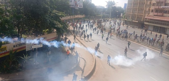 Police provoke peaceful protesters by firing teargas as crowds try to reach Central Police Station, the site where blogger Albert Ojwang died in custody.