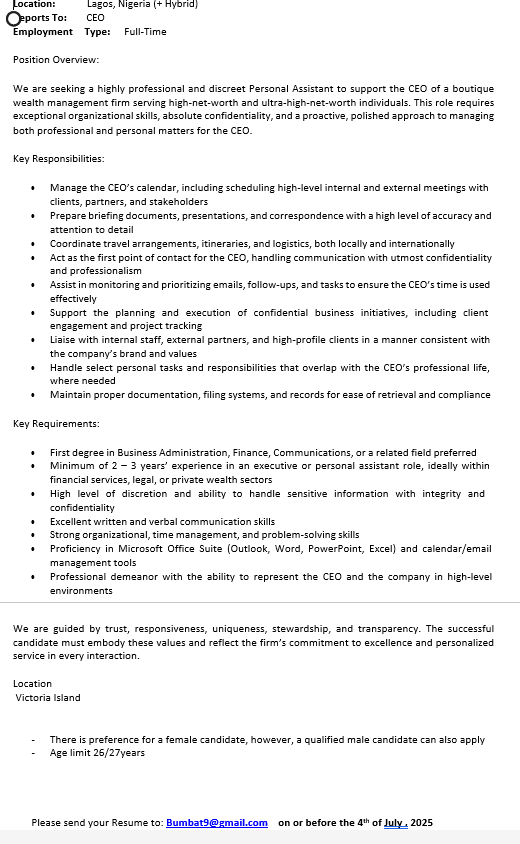 bumbat9's tweet photo. Vacancy exist for a Personal Assistant Role.
Please apply if qualified.
@Jobbermandotcom @AramideOyekunle @naijajobslink https://t.co/pUIVj2WcfN