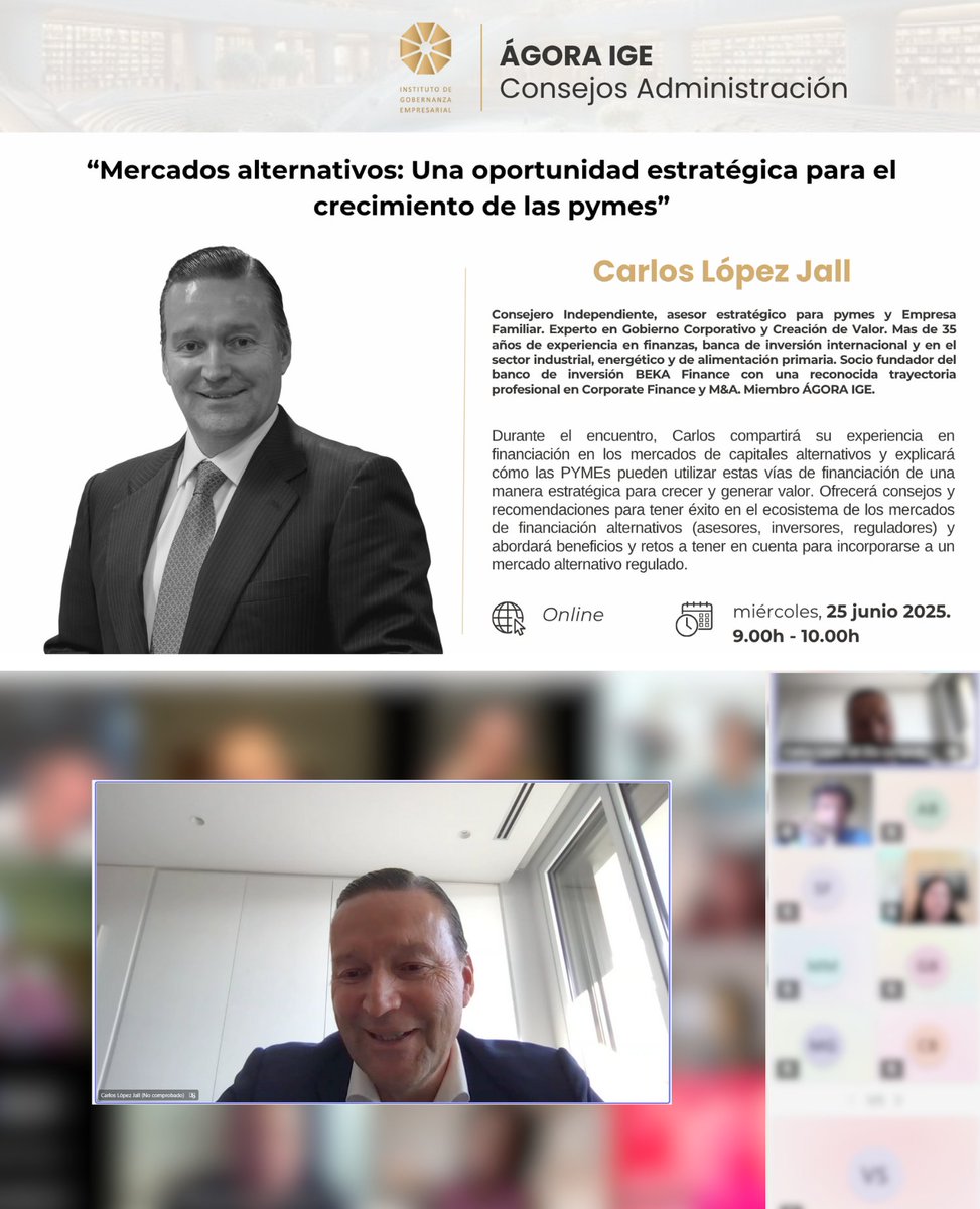 ☕ Esta mañana hemos compartido un encuentro online con Carlos López Jall, miembro de #ÁgoraIGE y consejero independiente, con más de 35 años de experiencia en banca de inversión, finanzas y sectores estratégicos como el industrial y energético.