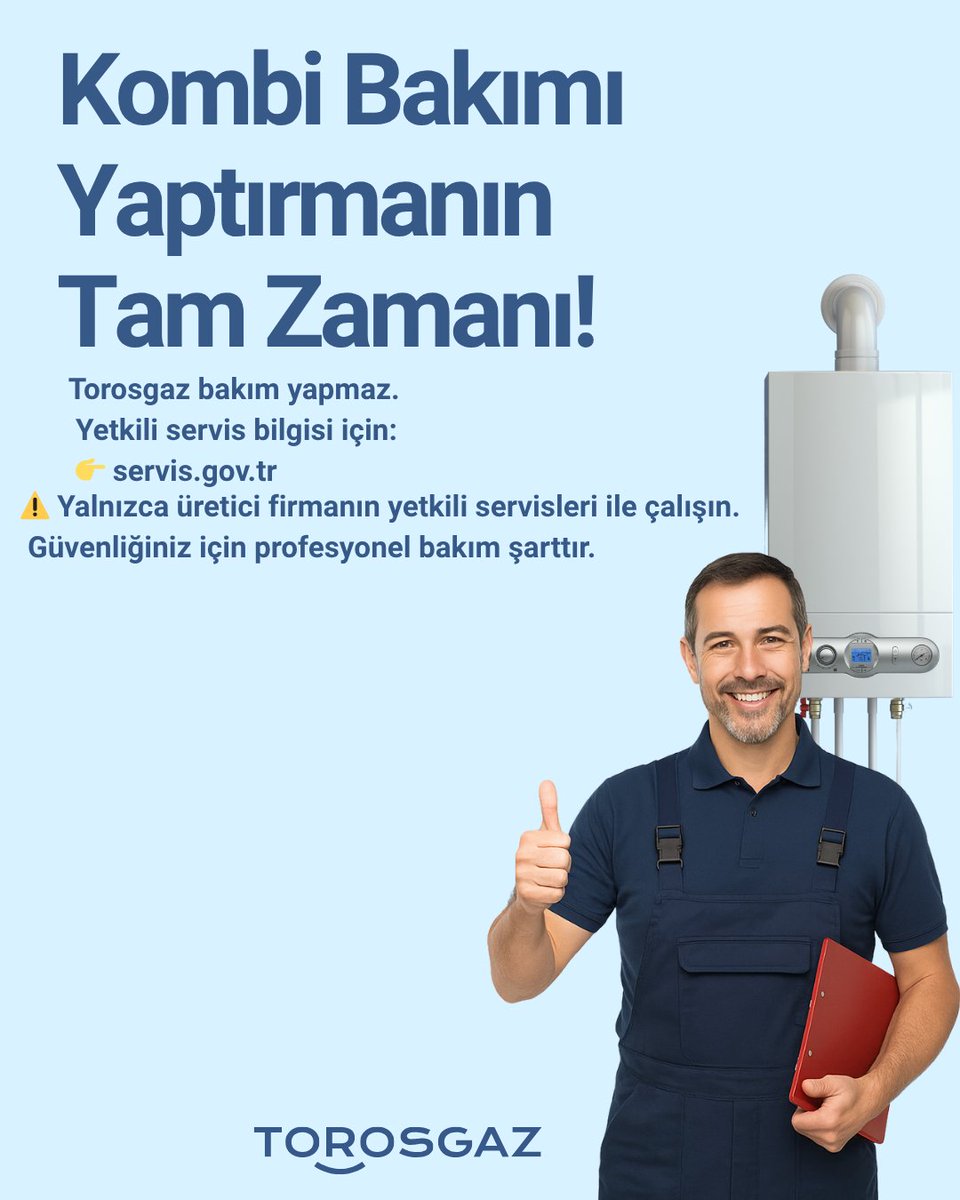👉 Torosgaz kombi bakımı yapmaz ve herhangi bir servise yetki vermez.
Kombi bakım hizmeti almak isteyen abonelerimiz;
✅ Yetkili servis bilgilerine ulaşmak için
📍 servis.gov.tr adresini ziyaret edebilir.
Lütfen sadece üretici firmanın yetkili servisleri ile çalışınız.