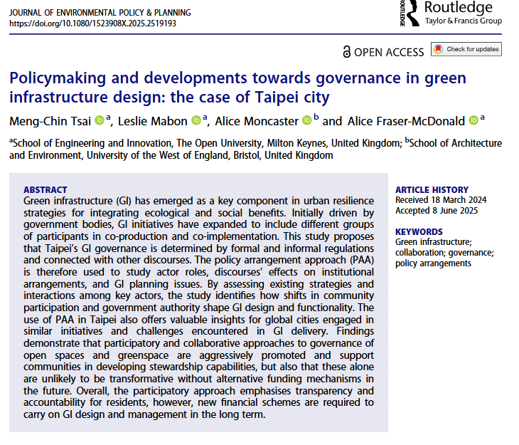 Leslie Mabon (@ljmabon) on Twitter photo More exciting news from <a href="/OU_STEM/">Faculty of STEM, The Open University</a> as <a href="/Mengchin033/">Mengchin Tsai</a> publishes her first lead-authored paper, in which she explores planning and governance arrangements for greening and resilience in Taipei. This is one part of her doctoral thesis, which is taking shape!
doi.org/10.1080/152390… More exciting news from <a href="/OU_STEM/">Faculty of STEM, The Open University</a> as <a href="/Mengchin033/">Mengchin Tsai</a> publishes her first lead-authored paper, in which she explores planning and governance arrangements for greening and resilience in Taipei. This is one part of her doctoral thesis, which is taking shape!
doi.org/10.1080/152390…