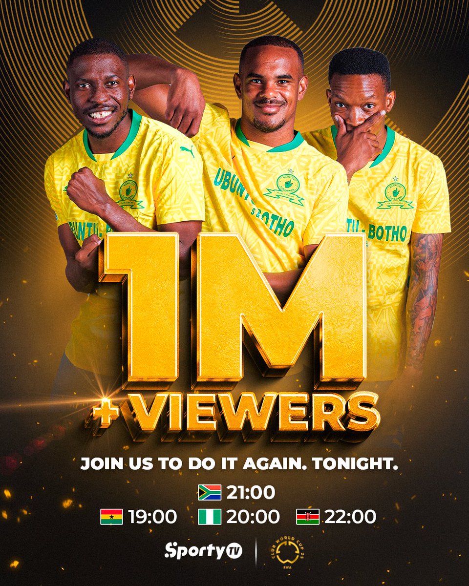 SportyTV's tweet image. Over 1 MILLION fans watched the last Mamelodi Sundowns match on SportyTV! 🇿🇦🔥

Let’s back The Brazilians again TONIGHT at 9PM SAST ⏰

Watch it live on SportyTV &amp;amp; hit that YouTube subscribe! 📺

#Fifaclubworldcup #Mamelodi #Sundwons