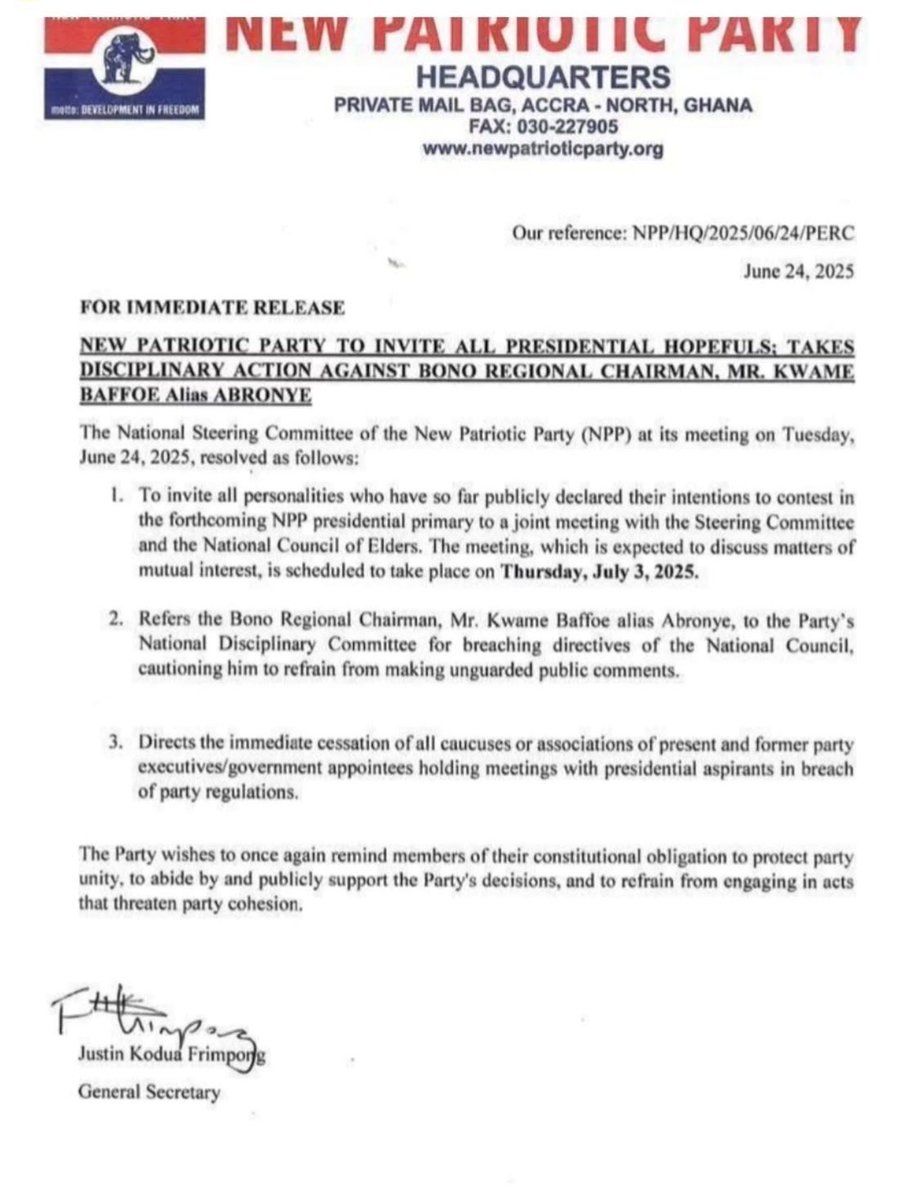 The New Patriotic Party (NPP) has summoned all flagbearer aspirants for a crucial meeting on July 3, 2025, while referring its Bono Regional Chairman, Kwame Baffoe (alias Abronye), to the disciplinary committee for violating party directives.