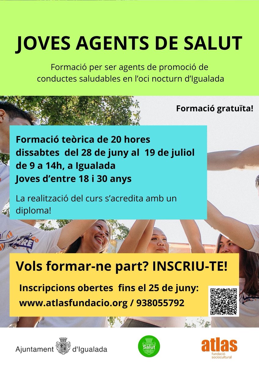 Últimes places per la formació #jovesagentsdesalut a Igualada! Si tens entre 18 i 30 anys anima't!!! Dissabtes matí del 28 de juny al 19 de juliol #ATLAS #salutigualada