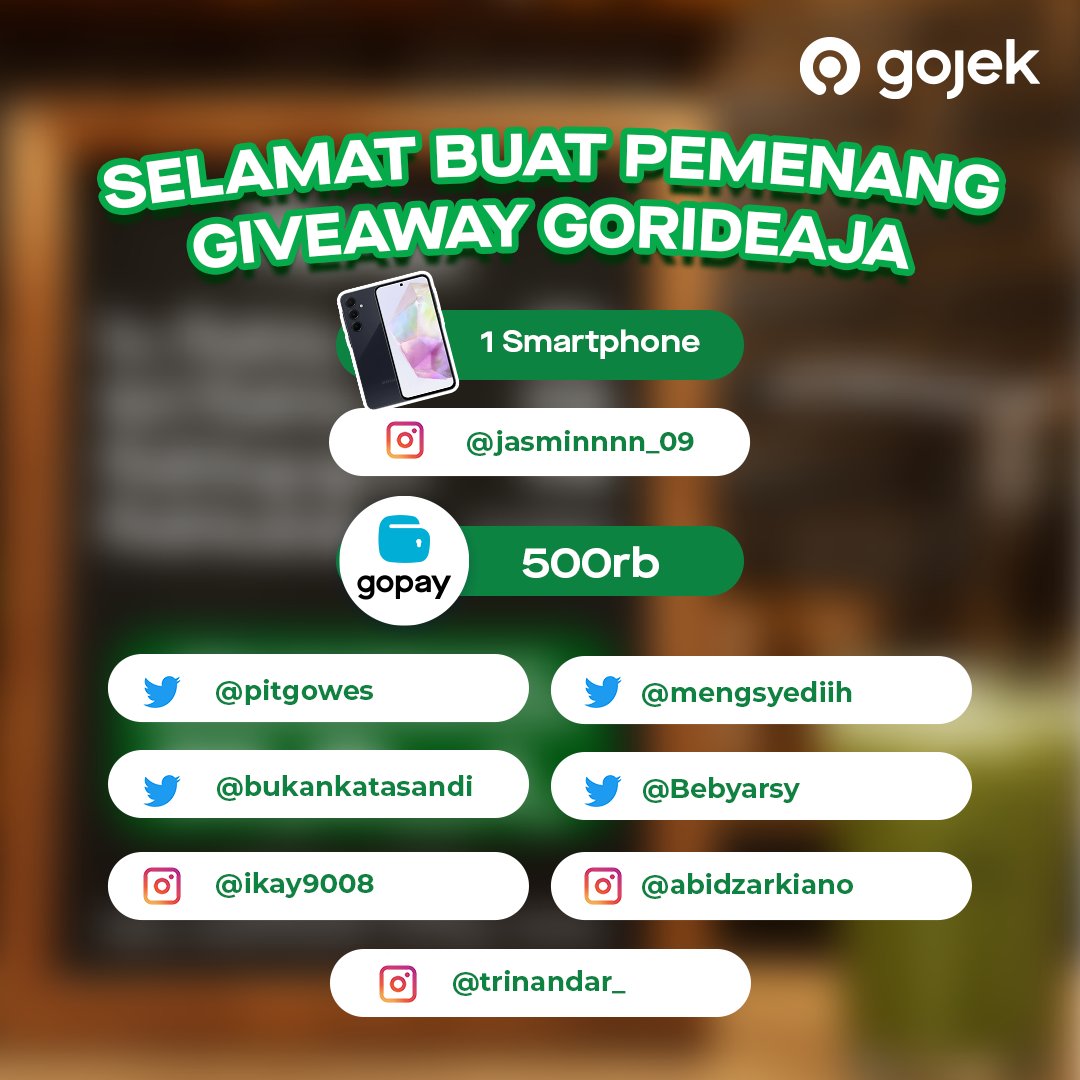 [PENGUMUMAN #GIVEAWAYGOJEK]

Mimin mau ucapin selamat buat

🍃 <a href="/pitgowes/">M. Adhi</a> 
🍃 <a href="/mengsyediih/">𝗜𝗰𝗵𝗶𝗢𝗰𝗵𝗮</a> 
🍃 <a href="/bukankatasandi/">aditya</a> 
🍃 <a href="/Bebyarsy/">A R S Y</a> 

yang beruntung terpilih sebagai pemenang! 🥳

Kirimkan data diri kamu melalui DM ya gaes 💚