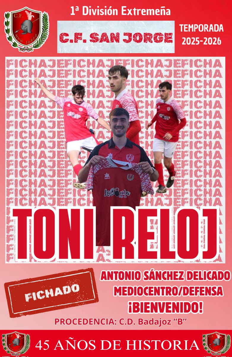 FICHAJE 🔴⚪

Toni Reloj regresa al club para vestir de nuevo la camiseta rojiblanca.

Jugador polivalente que puede ocupar varias posiciones en el terreno de juego, con calidad y fuerza.

¡Bienvenido <a href="/ToniReloj/">Toni Sanchez</a> 👋🏼!

Aúpa San Jorge 🔴⚪