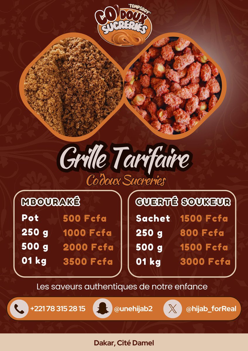 Waa gneuwleen ma waxleen🙂‍↔️
Li dess ci stock bi

Mburacké
3 sachets de 1kg 
4 sachets de 500g

Guerté Soukeur
2 sachets de 1kg
2 sachets de 500g

Gneuwleen diekhal koo nak dou nonou ?