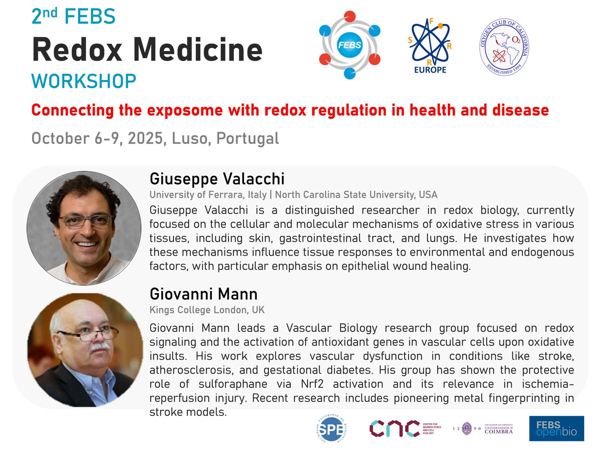 anamledo's tweet image. 2nd Redox Medicine Workshop ... Meet the Speakers: More info: redoxmedicine2025.febsevents.org
Important dates: July 1 - SFRR-E and FEBS Fellowships Applications; July 20 - Abstract Submission (General Track)
@SFRR_Europe
@FEBSnews
@UCoimbra_Rsrch
@cnc_uc