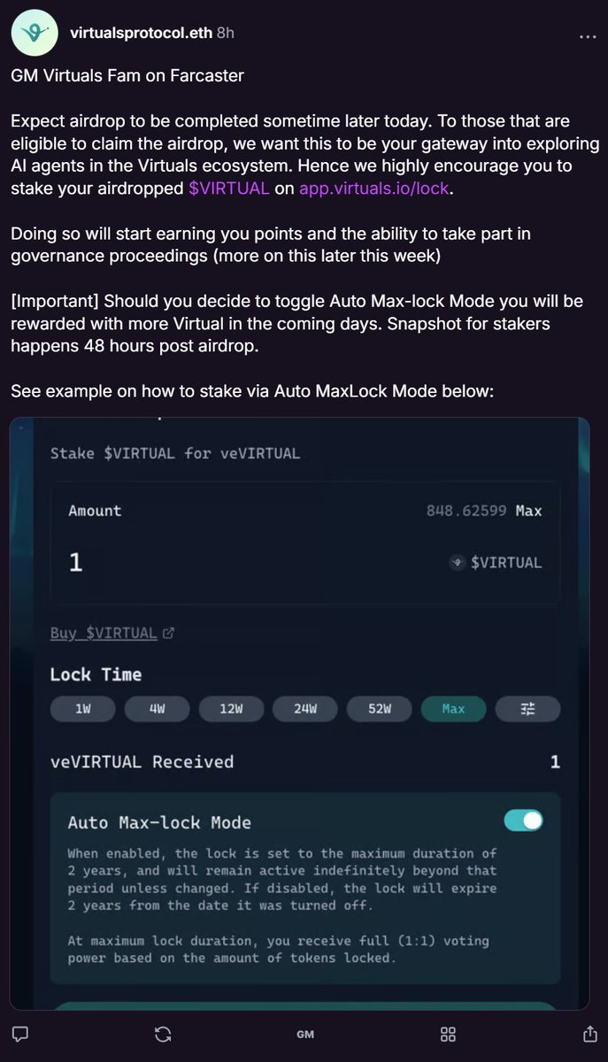 Seems like <a href="/farcaster_xyz/">Farcaster</a> eco is getting an airdrop from <a href="/virtuals_io/">Virtuals Protocol</a>. 

Onboarding:
1. Max stake your $VIRTUAL within 48 hours
2. Wait for more airdrops
3. Join <a href="/Vader_AI_/">Vader</a> -> buy 10k $VADER &amp; max stake
4. Claim your daily points

4.11 join InfoFi 2025 meta (<a href="/yapyo_arb/">YAPYO</a>,