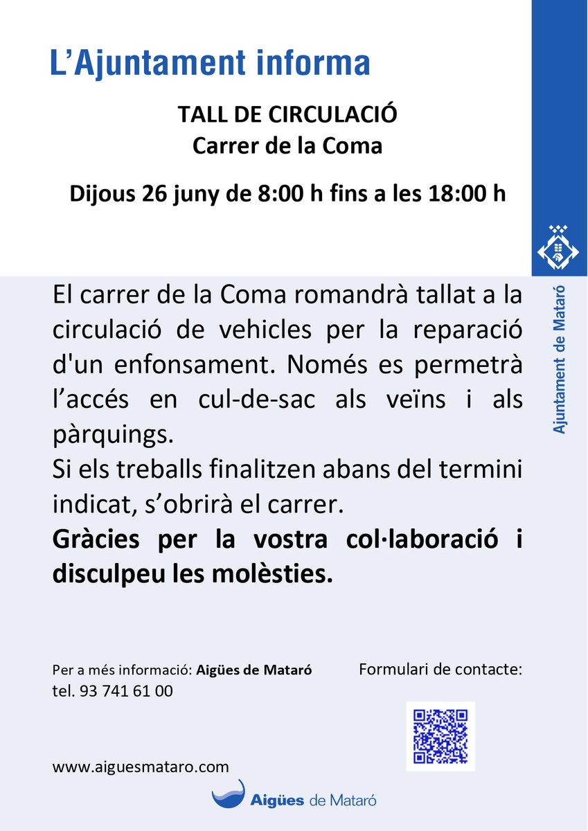 Aigües de Mataró (@aiguesmataro) on Twitter photo ⚠️Dijous 26 de juny, Aigües de #Mataró interromprà el trànsit al carrer de la Coma per reparar un enfonsament.⚠️
➡️El tall serà de les 8 h fins a les 18 h.
Disculpeu les molèsties i gràcies per la vostra comprensió. 👩🔧
<a href="/matarocat/">Ajuntament de Mataró</a> ⚠️Dijous 26 de juny, Aigües de #Mataró interromprà el trànsit al carrer de la Coma per reparar un enfonsament.⚠️
➡️El tall serà de les 8 h fins a les 18 h.
Disculpeu les molèsties i gràcies per la vostra comprensió. 👩🔧
<a href="/matarocat/">Ajuntament de Mataró</a>