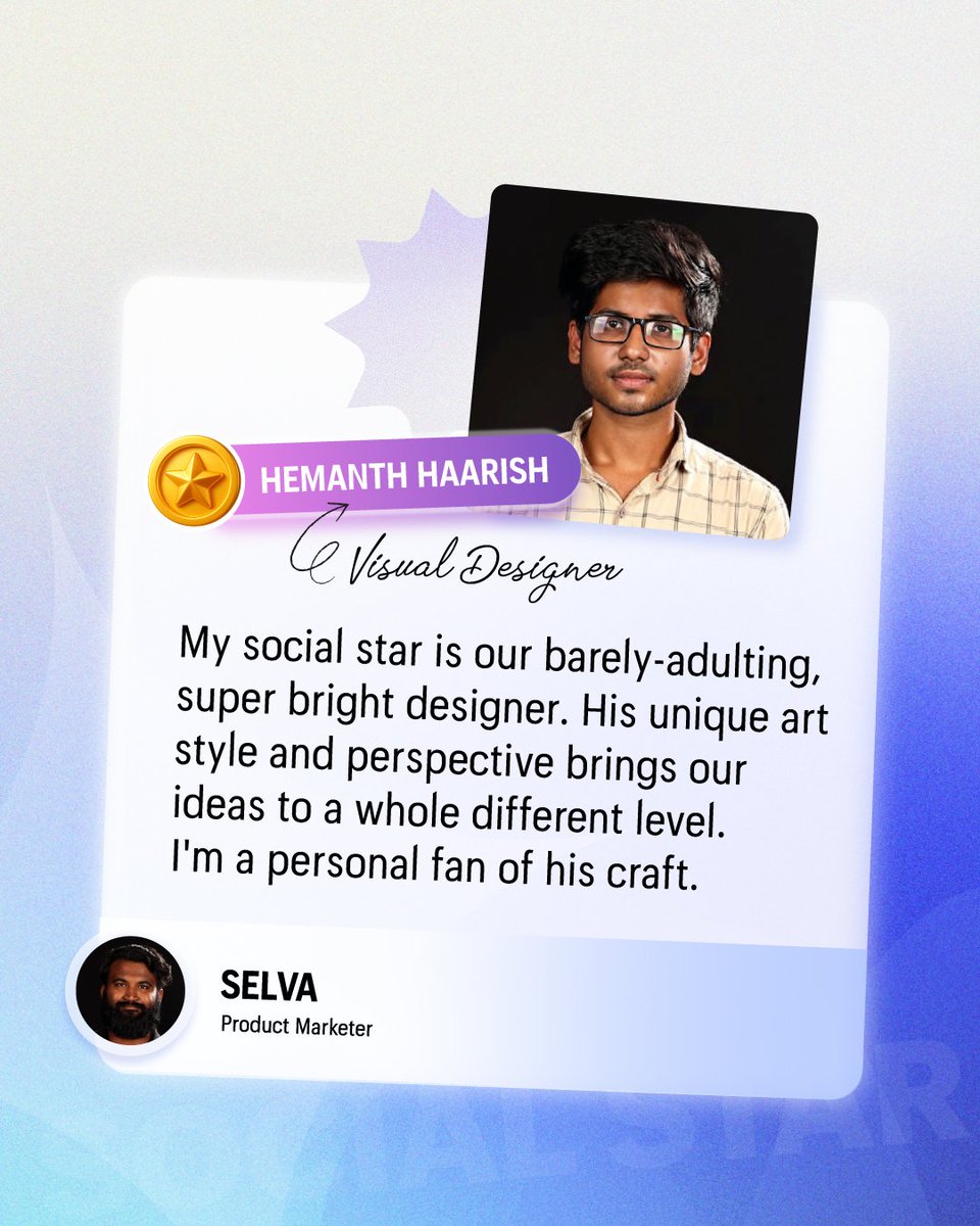 ZohoSocial's tweet photo. Tag your #SocialStar and let them know they’re the real MVP. 🏆
#WorldSocialMediaDay #ZohoSocial #TeamworkMakesThePostWork https://t.co/L0QfQaqSLe